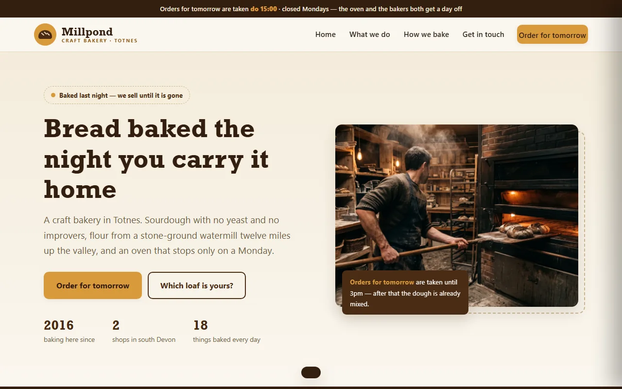 Example website — Millpond Bakehouse (craft bakery)