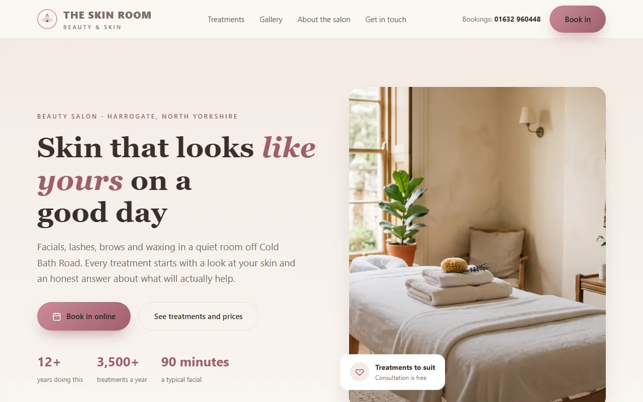 Example website — The Skin Room (beauty salon)