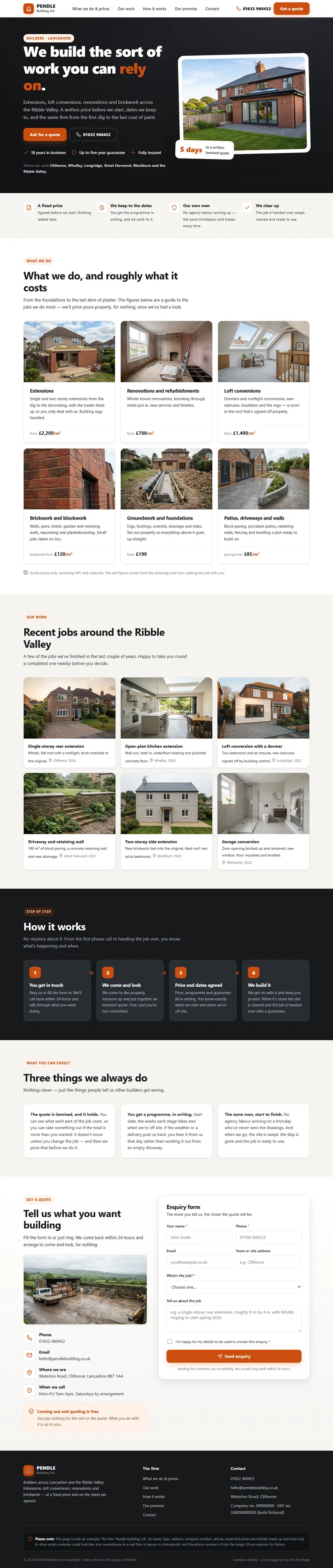 Example website — Pendle Building (builder); the page scrolls through when you hover over it
