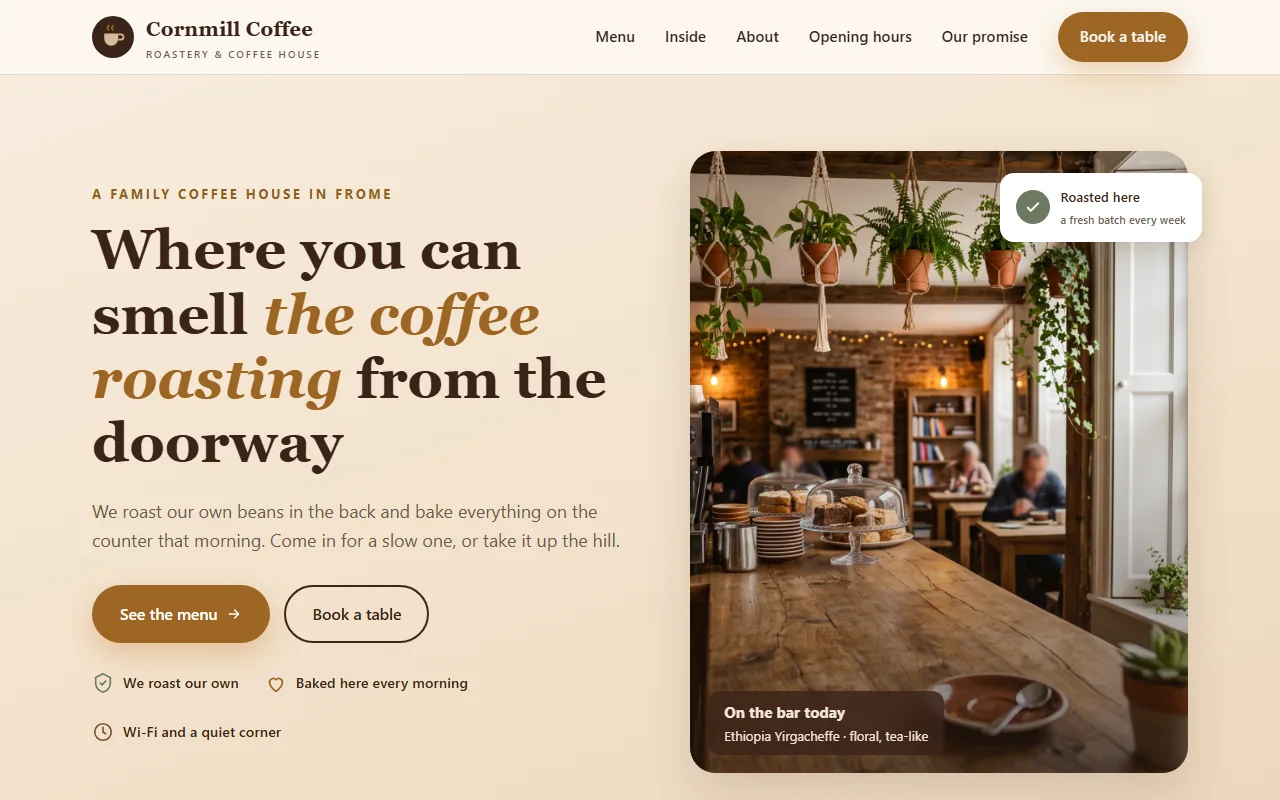 Example website — Cornmill Coffee (café)
