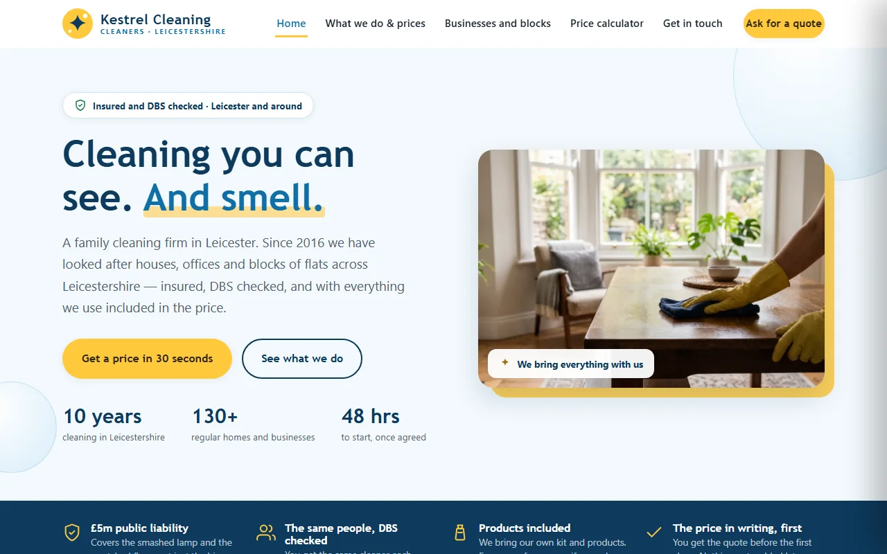 Example website — Kestrel Cleaning (cleaners)