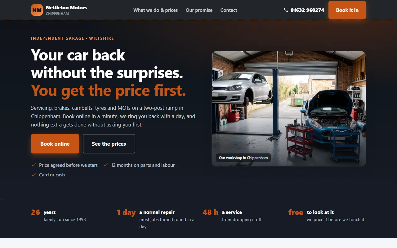 Example website — Nettleton Motors (garage)