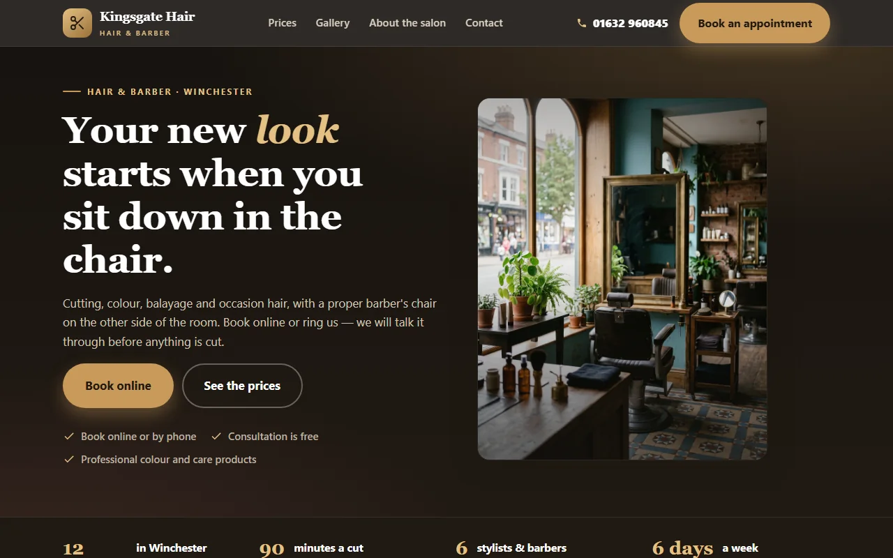 Example website — Kingsgate Hair (hair salon)