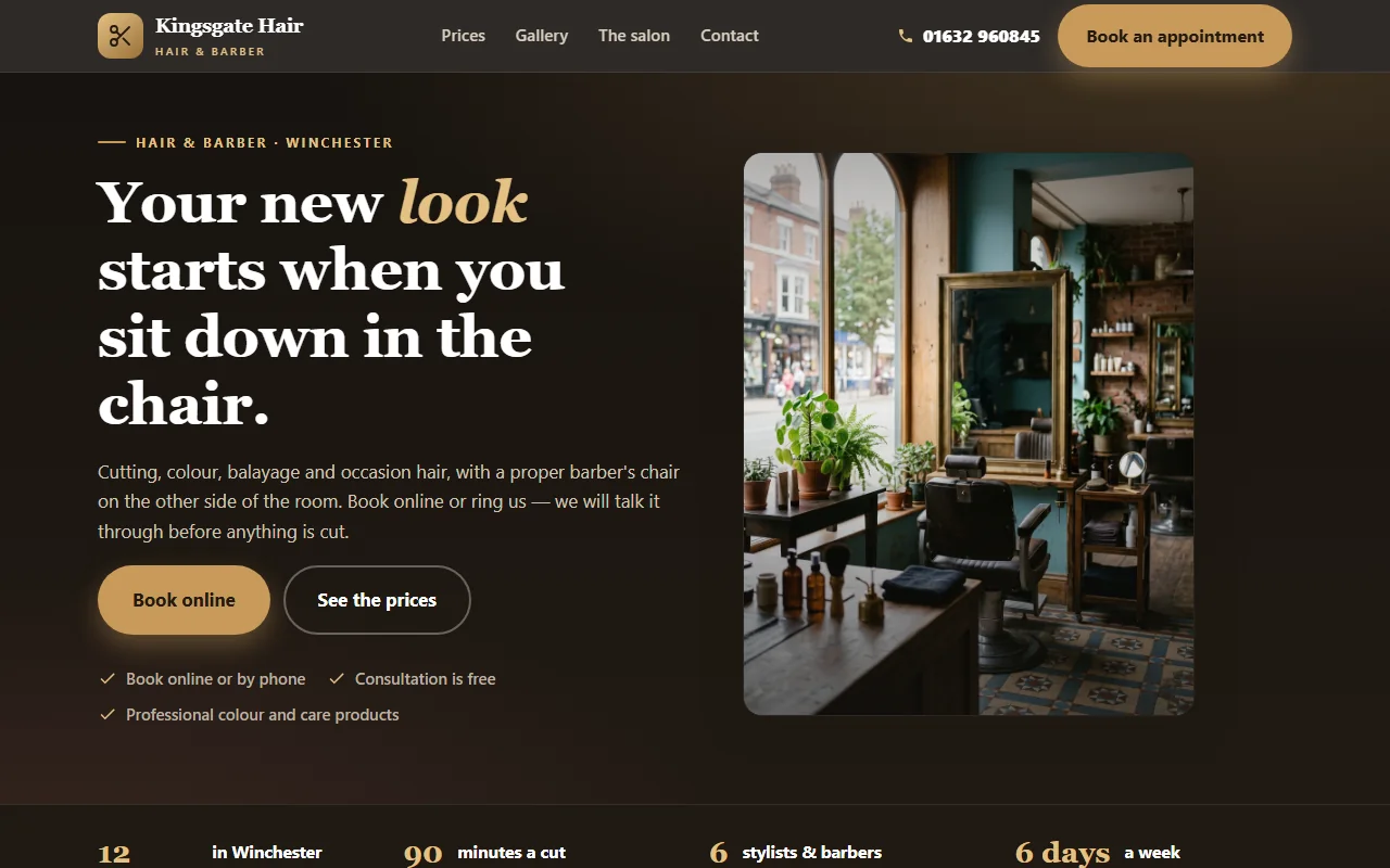 Example website — Kingsgate Hair (hair salon)