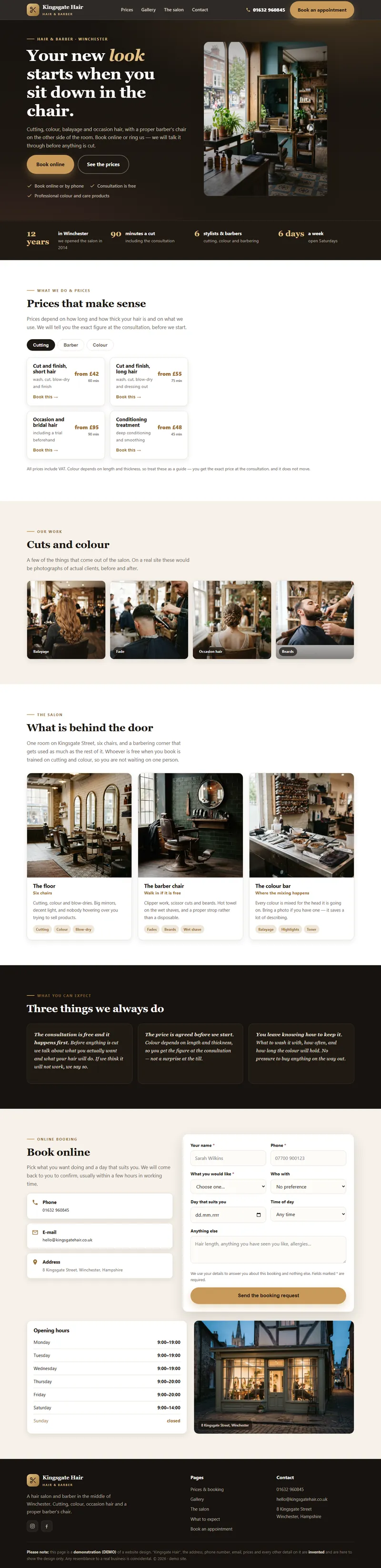 Example website — Kingsgate Hair (hair salon); the page scrolls through when you hover over it