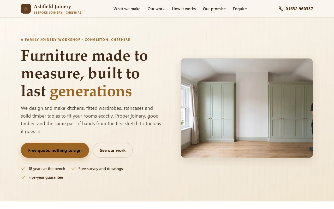 Example website — Ashfield Joinery (joiner)