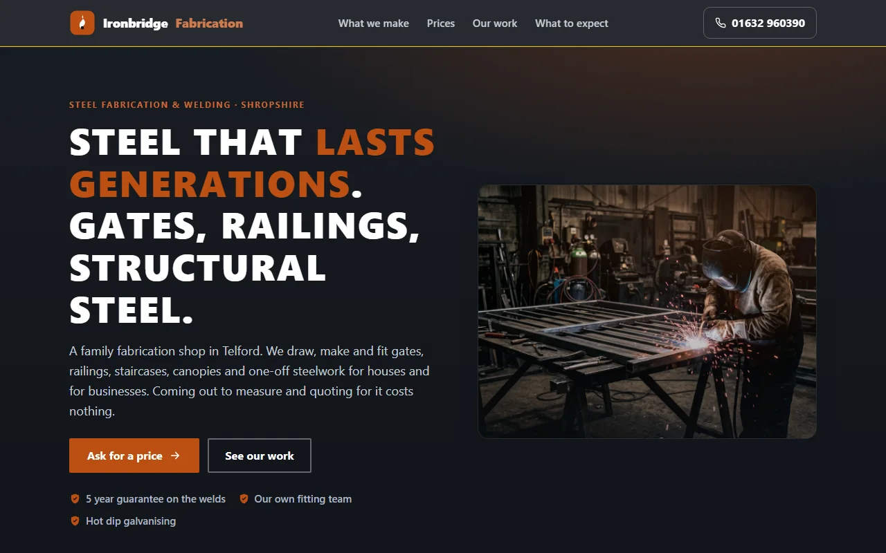 Example website — Ironbridge Fabrication (metalwork)