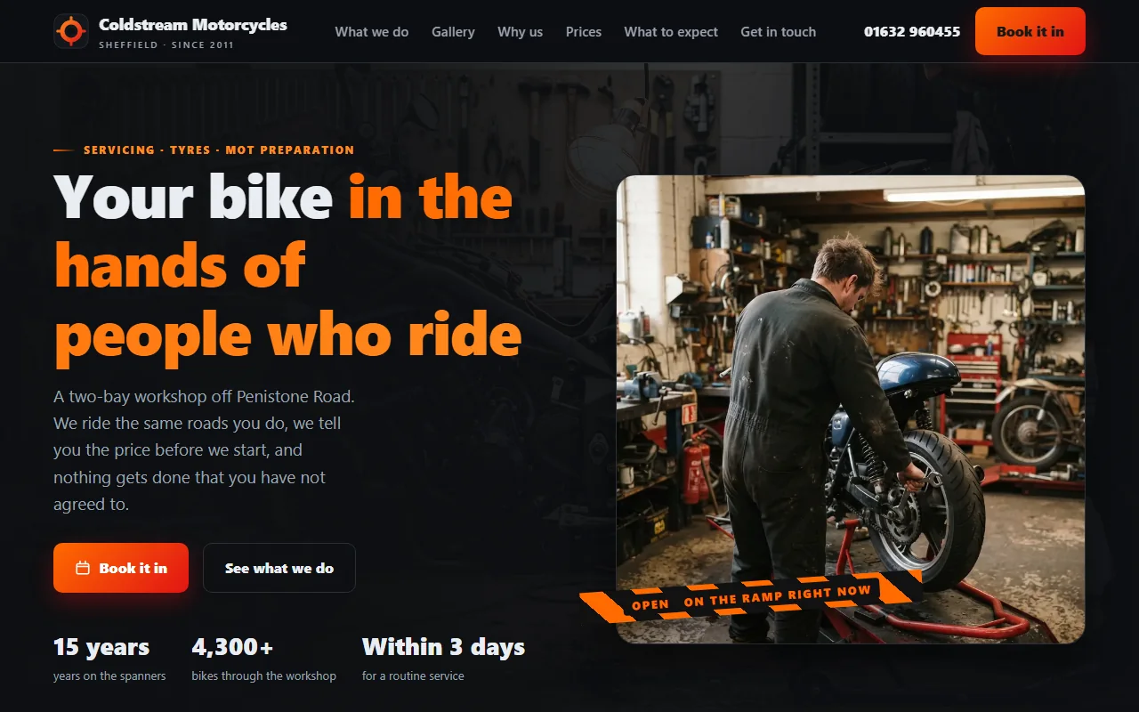 Example website — Coldstream Motorcycles (motorcycle servicing)