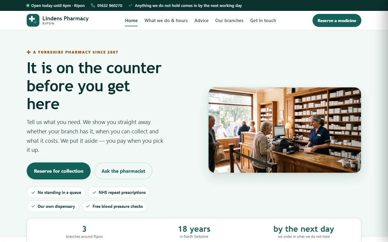 Example website — Lindens Pharmacy (community pharmacy)