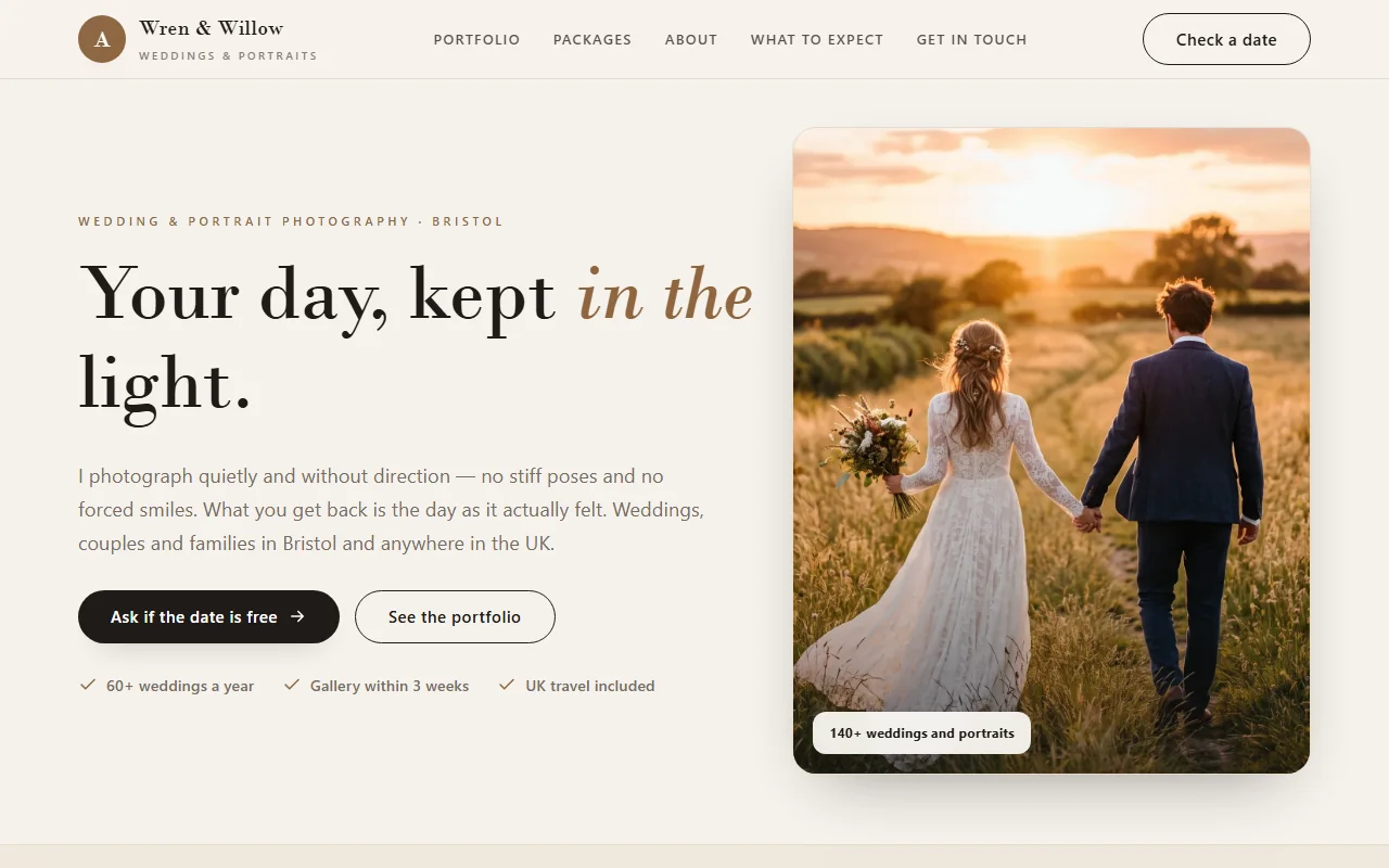 Example website — Wren & Willow Photography (wedding photography)