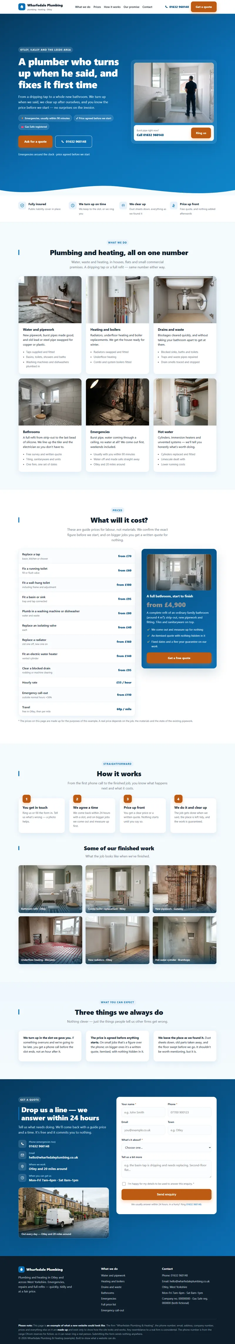 Example website — Wharfedale Plumbing & Heating (plumber); the page scrolls through when you hover over it