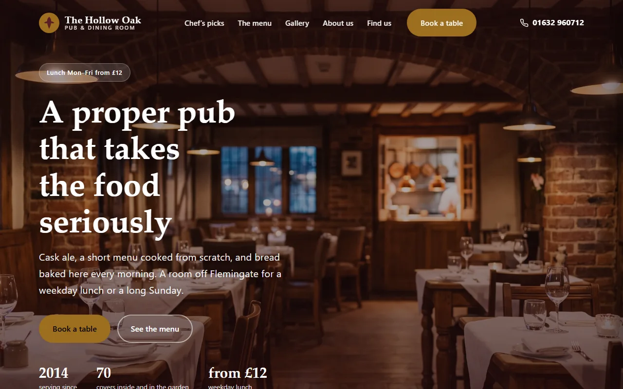 Example website — The Hollow Oak (pub & dining room)