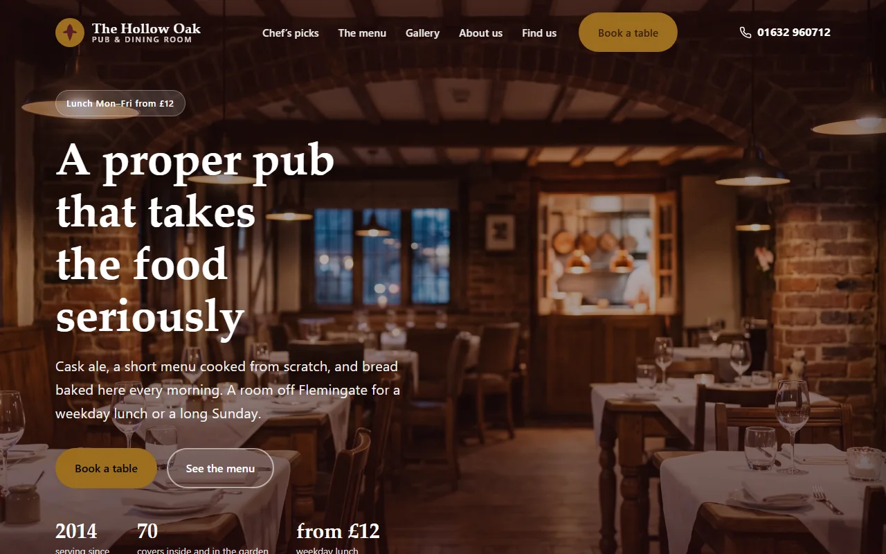 Example website — The Hollow Oak (pub & dining room)