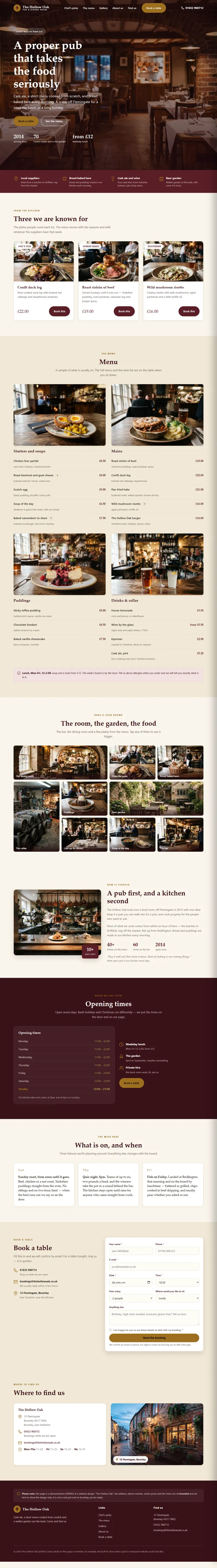 Example website — The Hollow Oak (pub); the page scrolls through when you hover over it