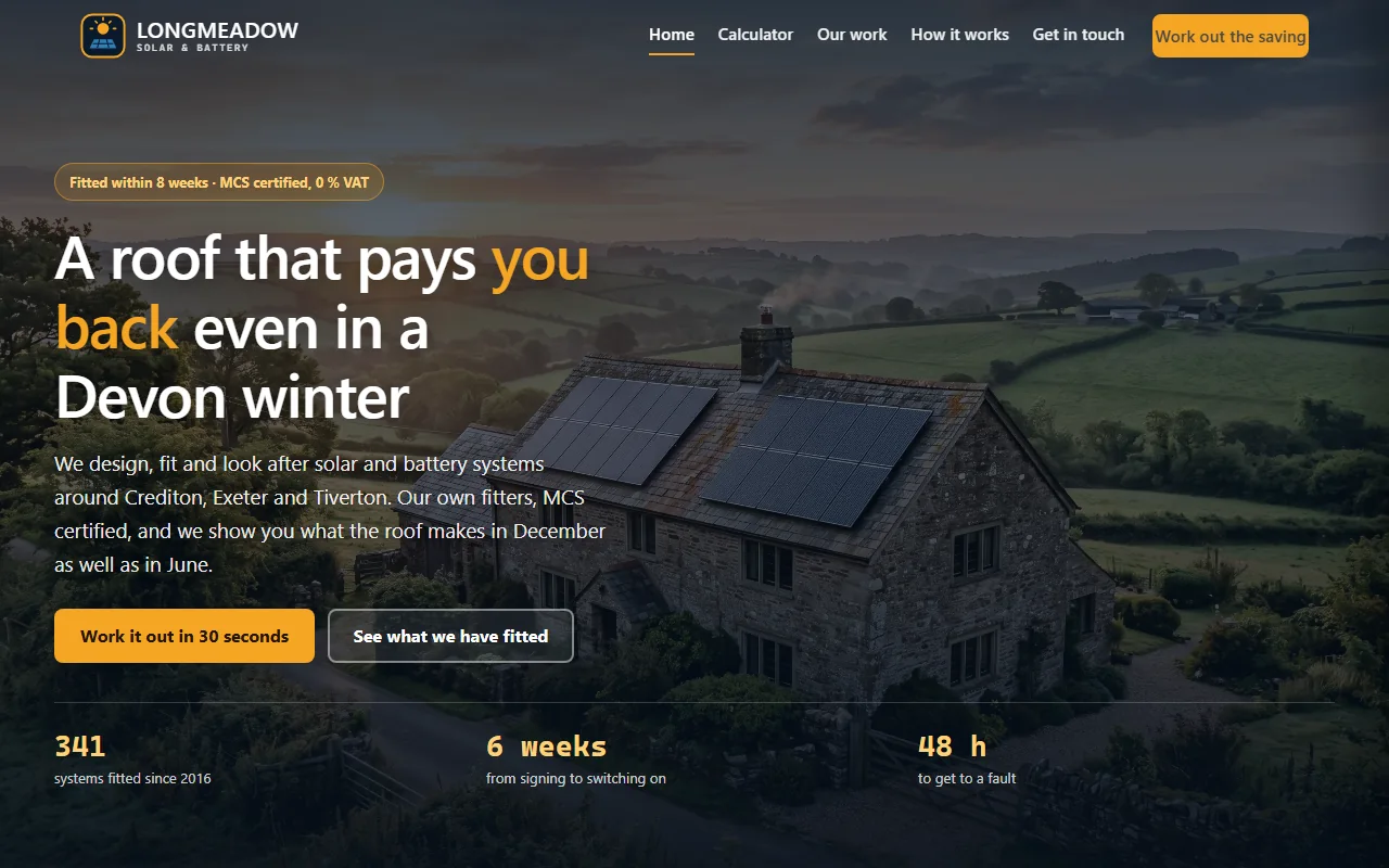 Example website — Longmeadow Solar (solar & batteries)