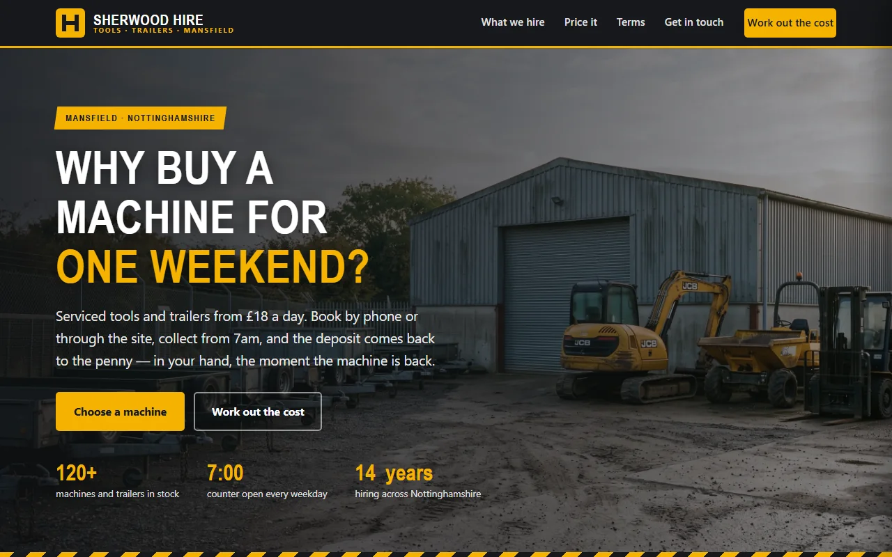 Example website — Sherwood Hire (tool & trailer hire)