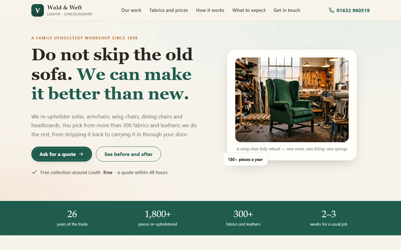 Example website — Wold & Weft Upholstery (upholstery)