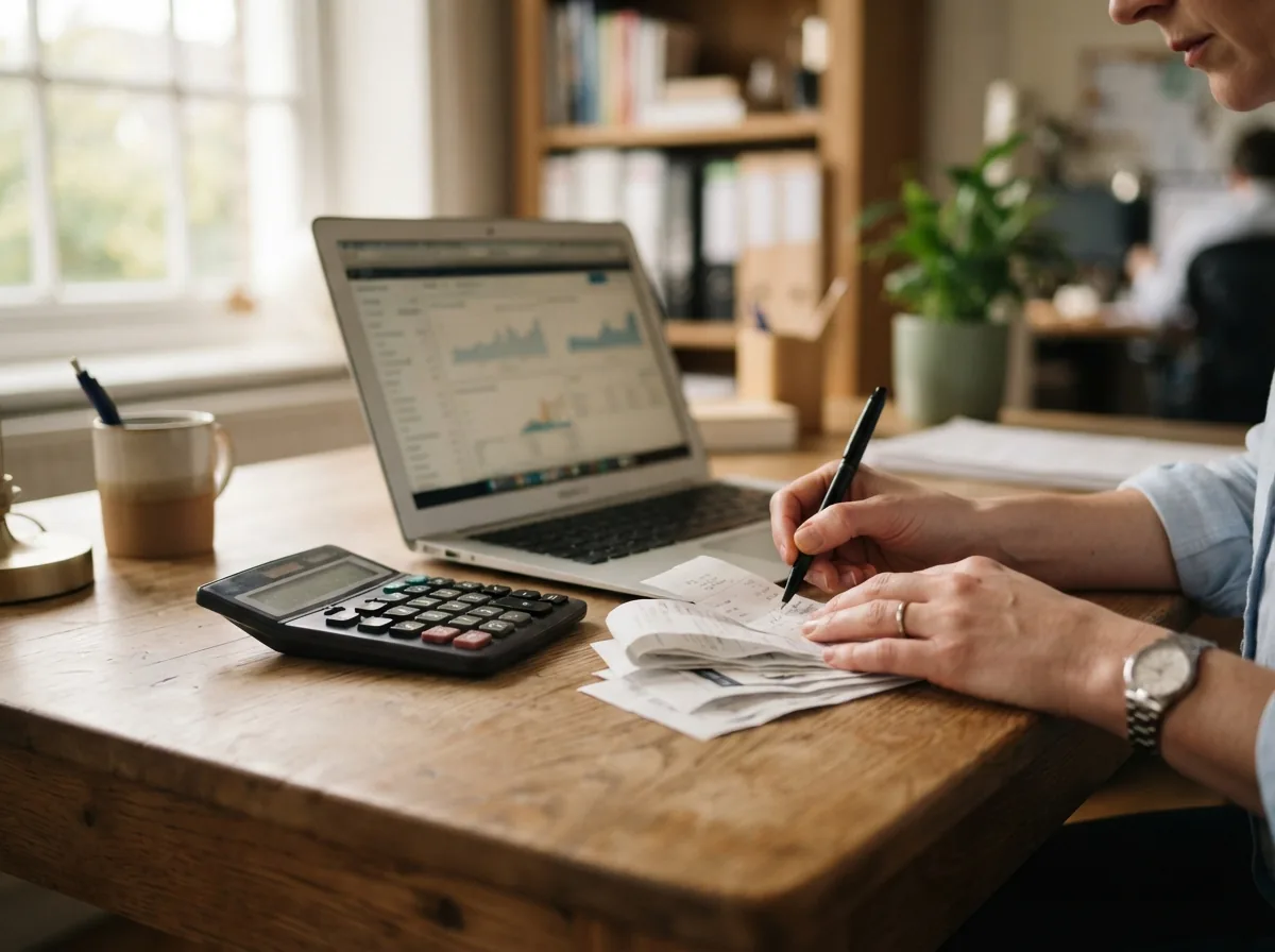 A desk with a laptop, receipts and lever arch files