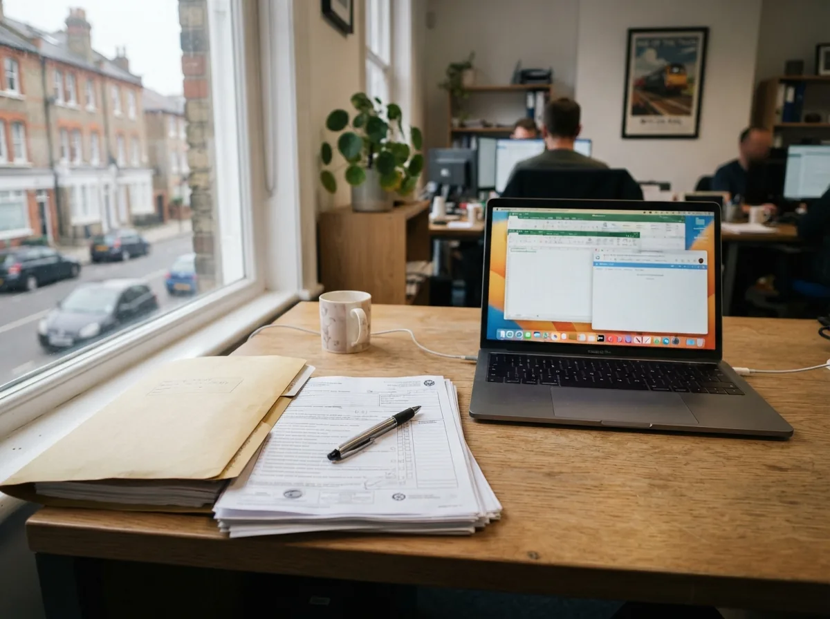 Forms, a folder and a pen laid out on a desk
