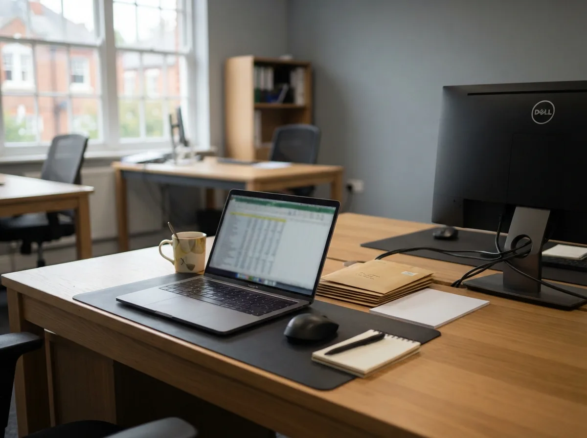 A quiet desk set up for payroll work with a laptop and a monitor