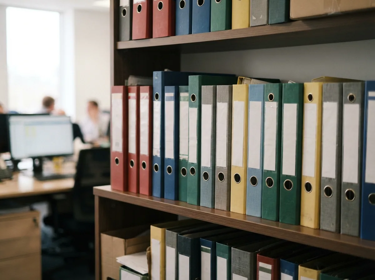 Neatly arranged lever arch files on a shelf