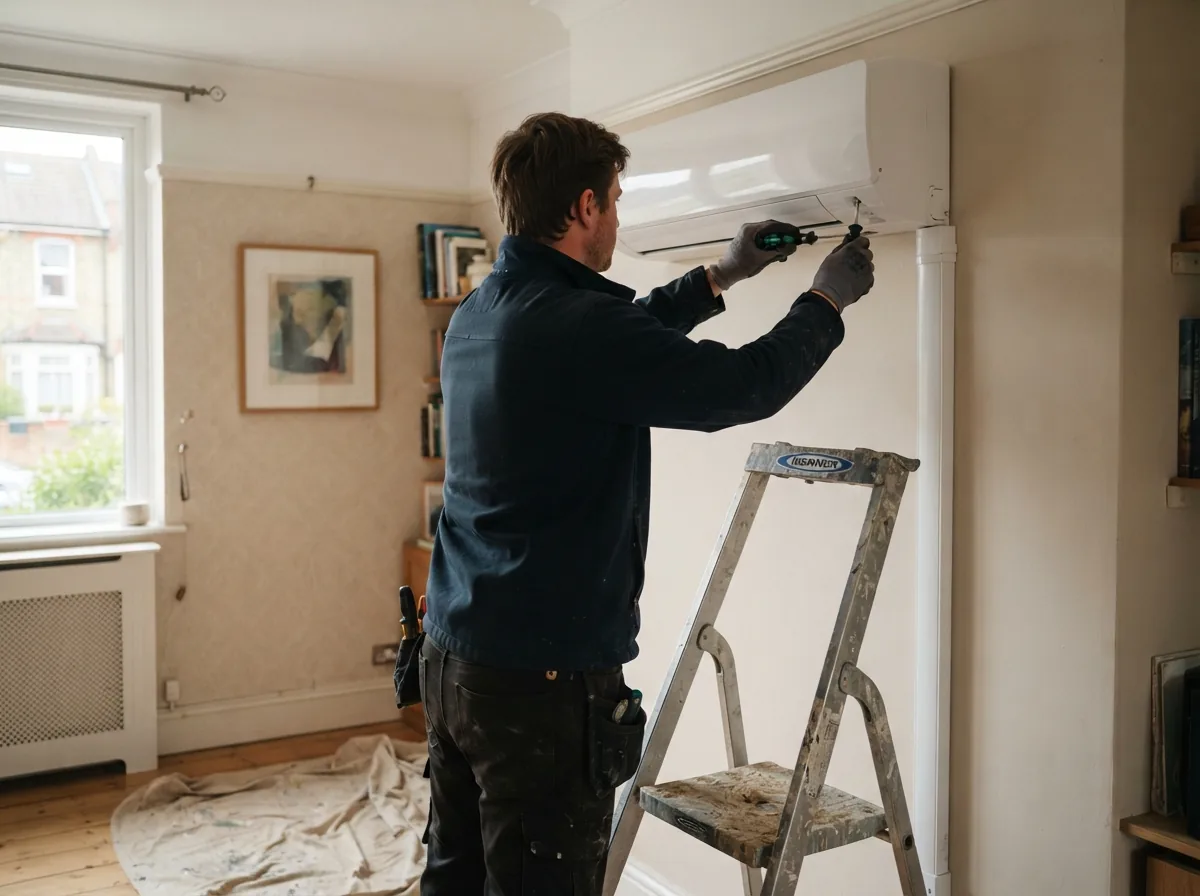 An engineer fitting an indoor unit in a living room