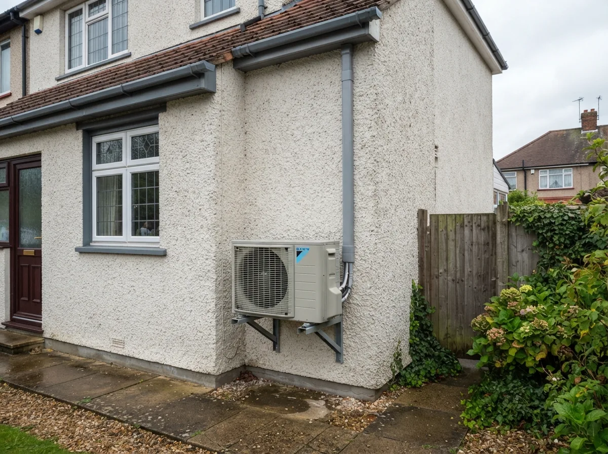 The outdoor unit on the side wall of a house