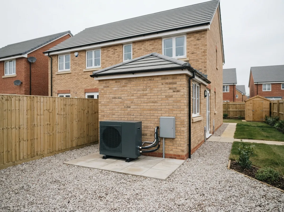 An air-to-air heat pump beside a new build house