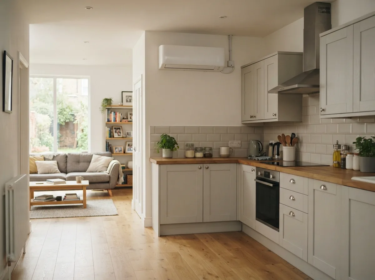 A multi-split unit in an open-plan kitchen and living room