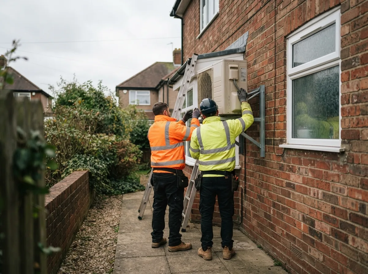 Engineers lifting the outdoor unit onto wall brackets