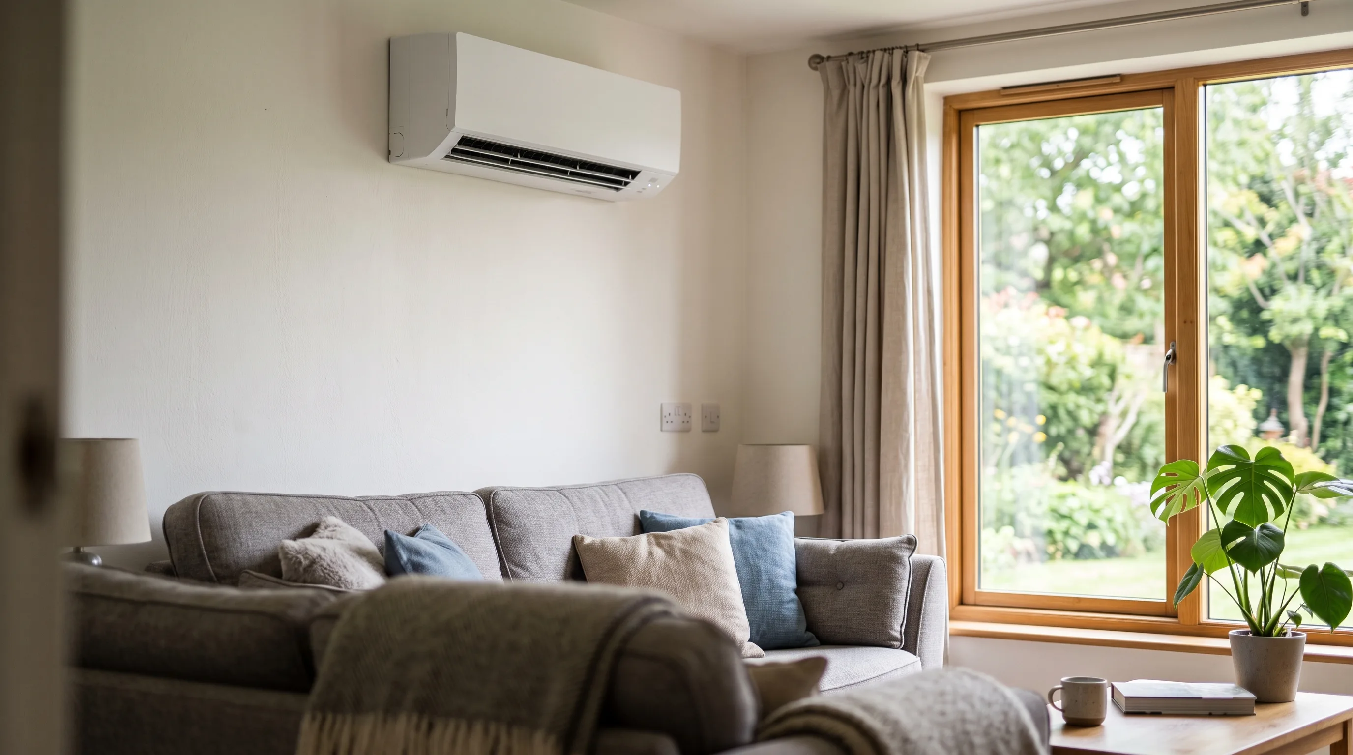 A wall-mounted air conditioning unit in a bright living room