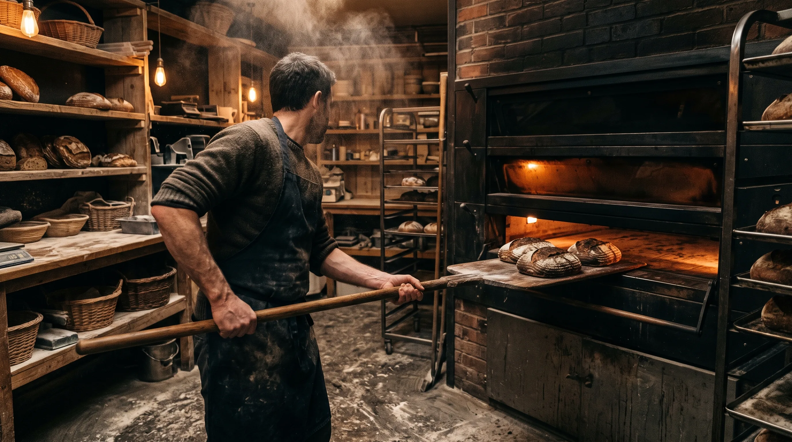 Loaves going into a hot oven on a long wooden peel