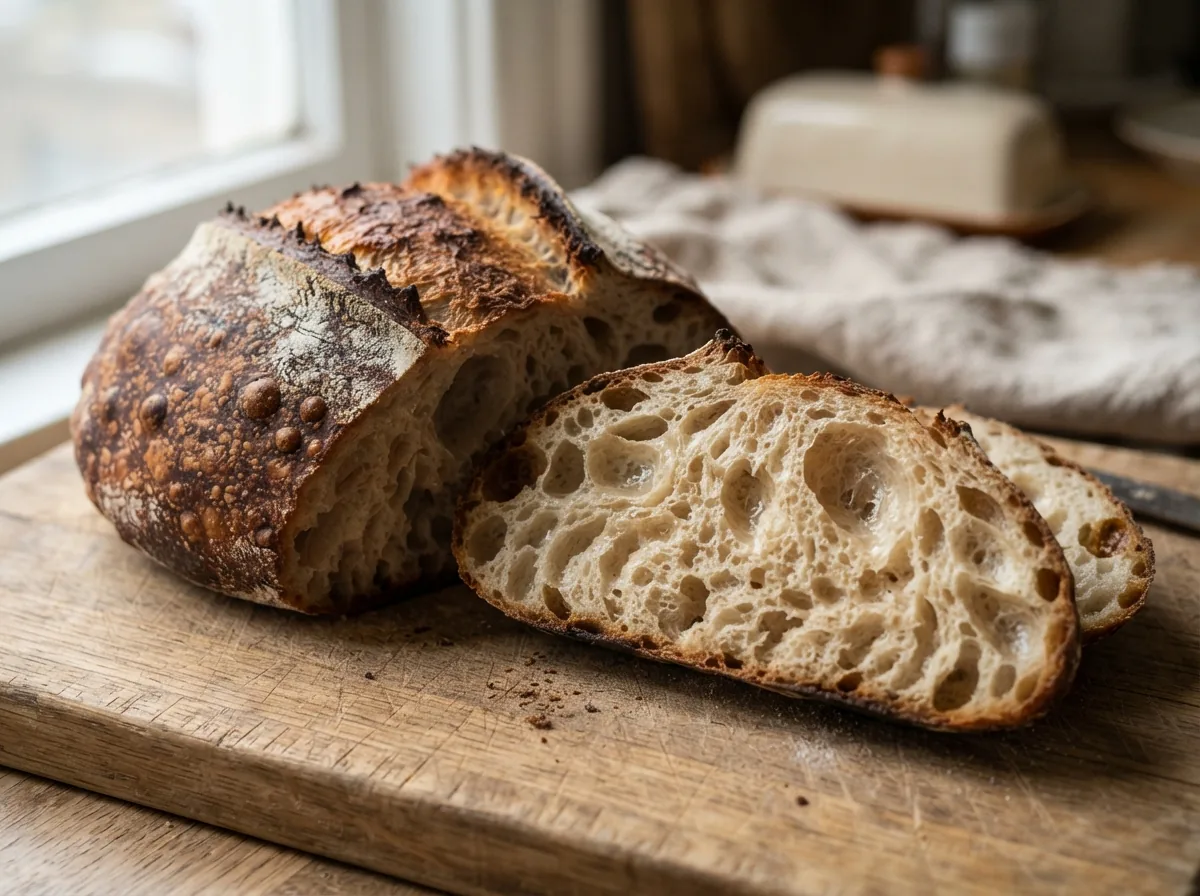 A cut sourdough loaf with a dark crust and an open crumb, on a board
