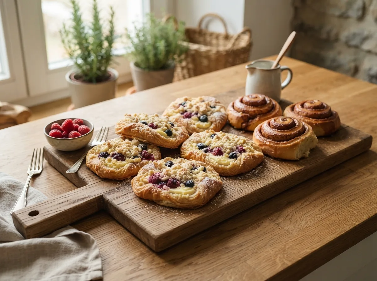Curd and fruit pastries with a crumble topping on a wooden board