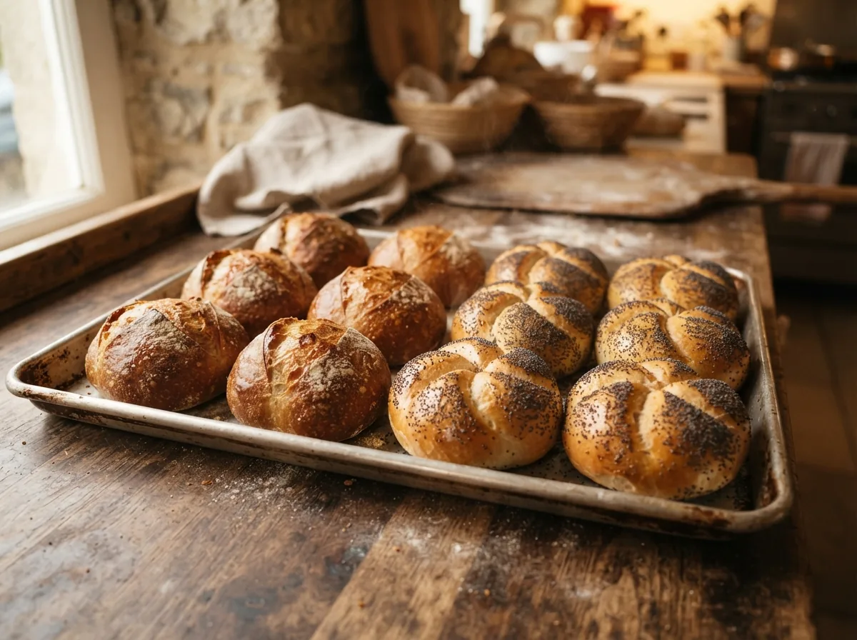 A tray of rolls and poppy seed kaisers, straight out of the oven