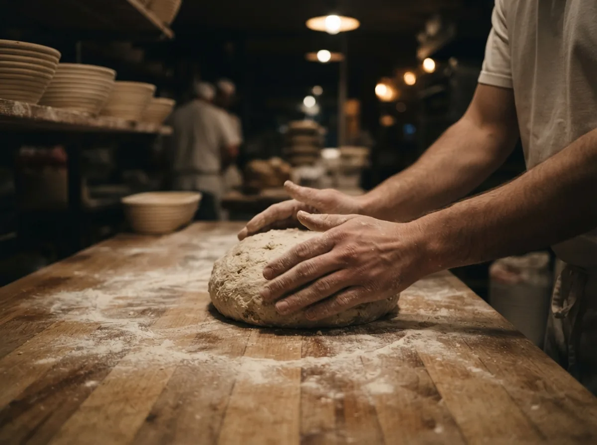 Hands shaping a loaf on a floured bench in the middle of the night