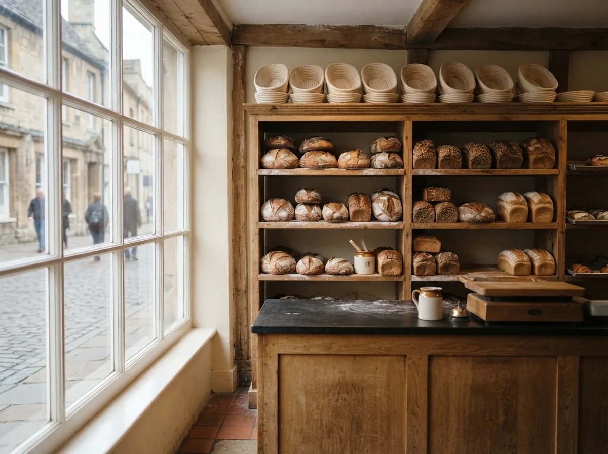 Inside the shop: wooden shelves of bread and a stack of proving baskets