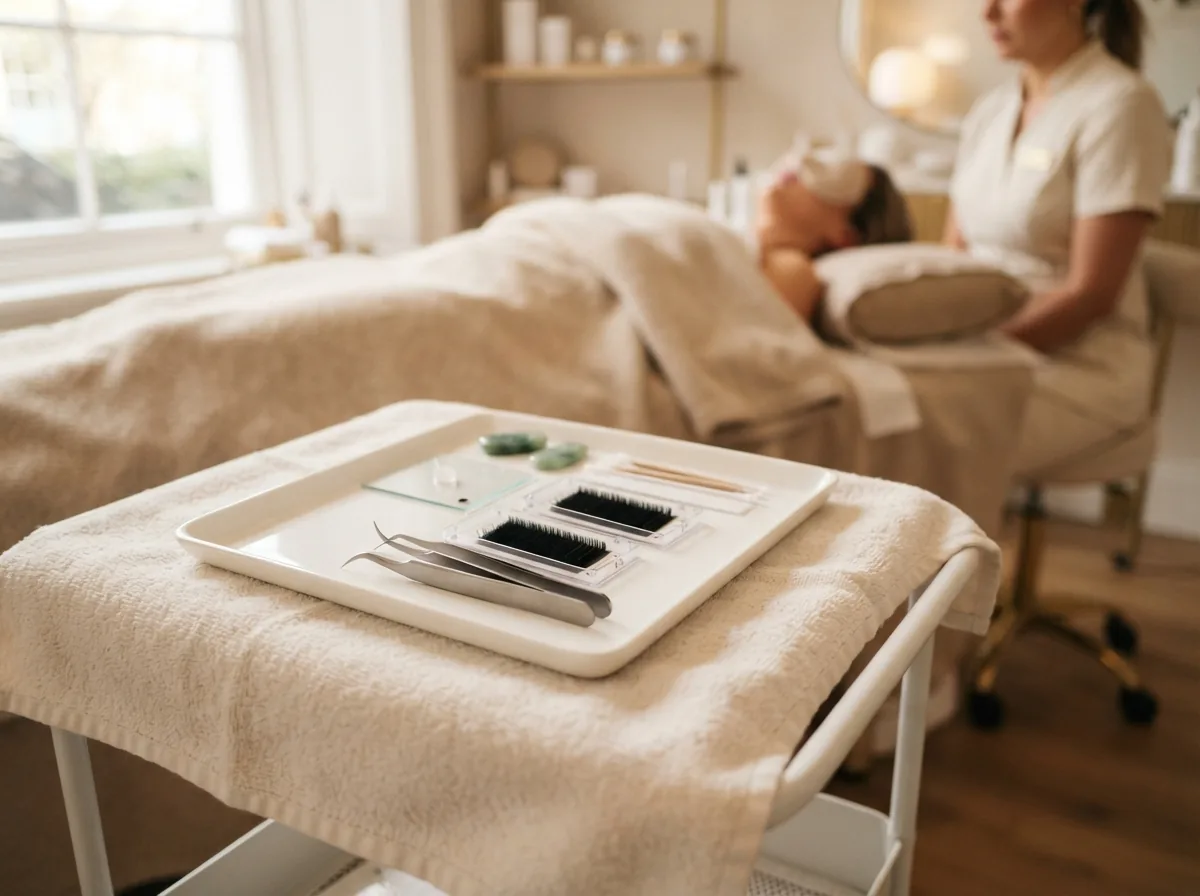Tools laid out for lash extensions and brows