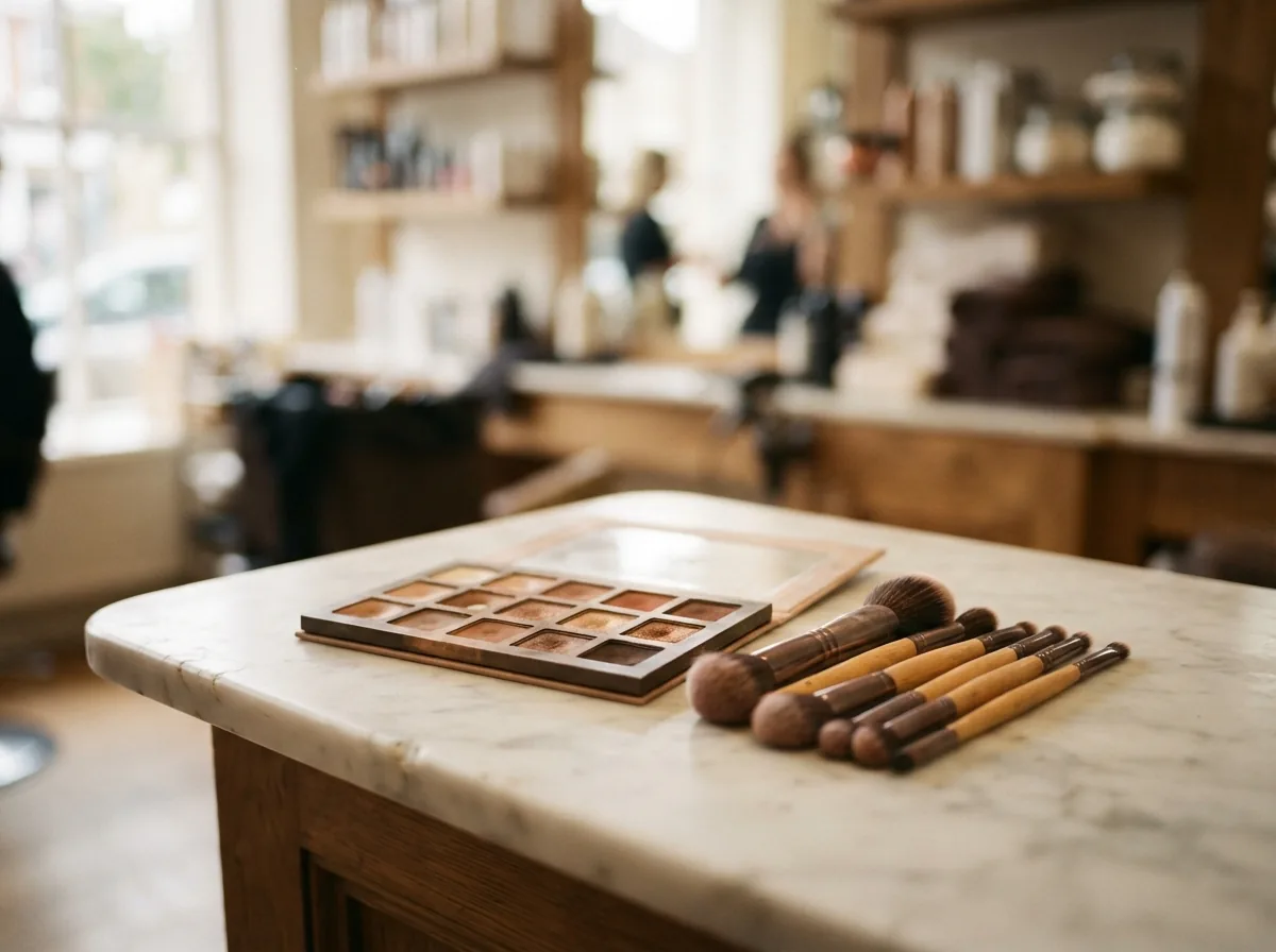 Make-up brushes and a palette on the counter
