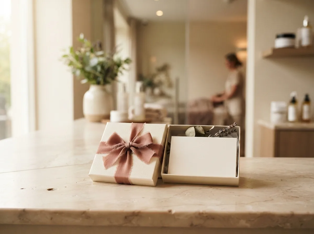 A gift voucher in a box with a ribbon