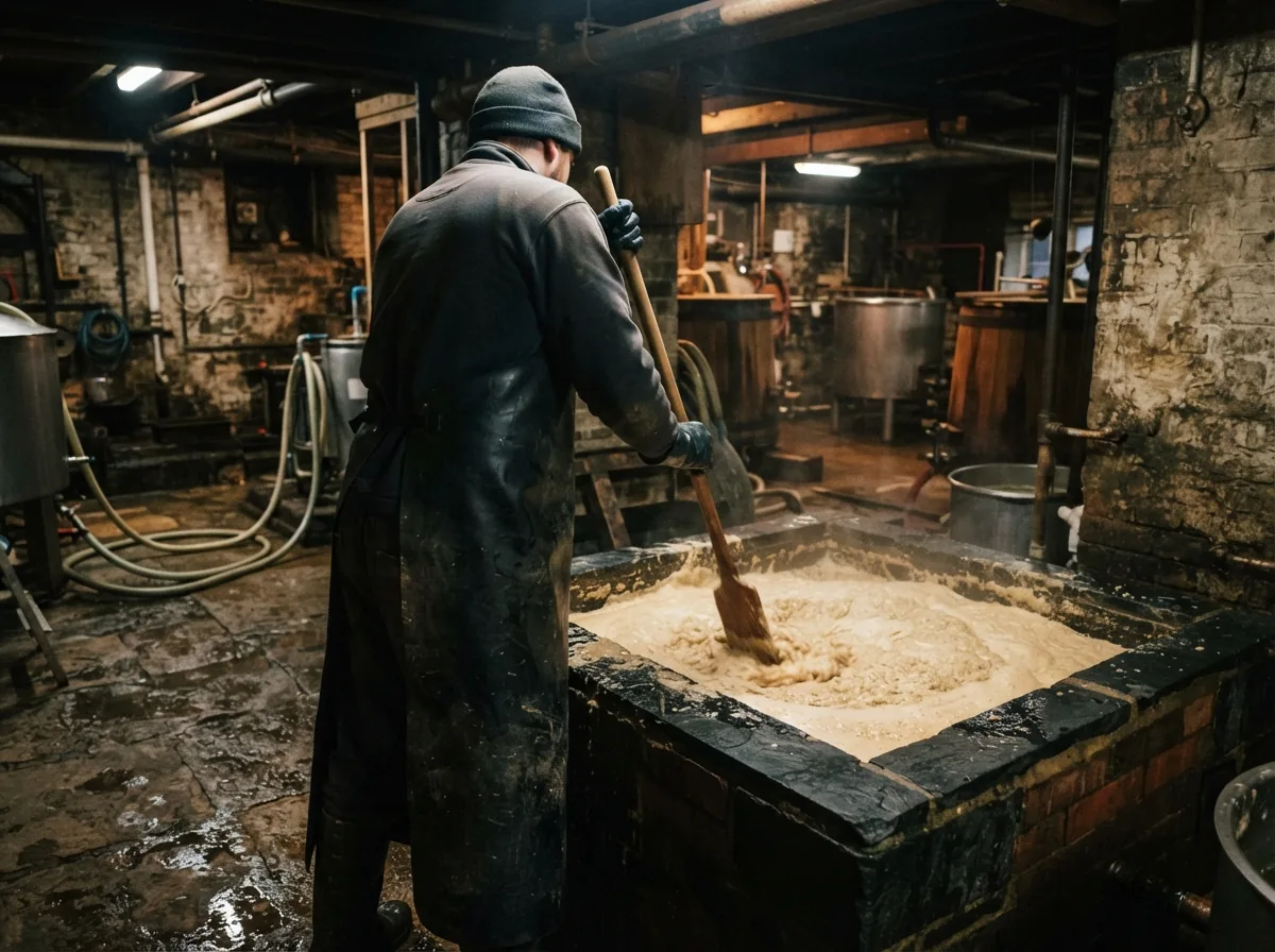 The brewer stirring an open fermenting square in a rubber apron