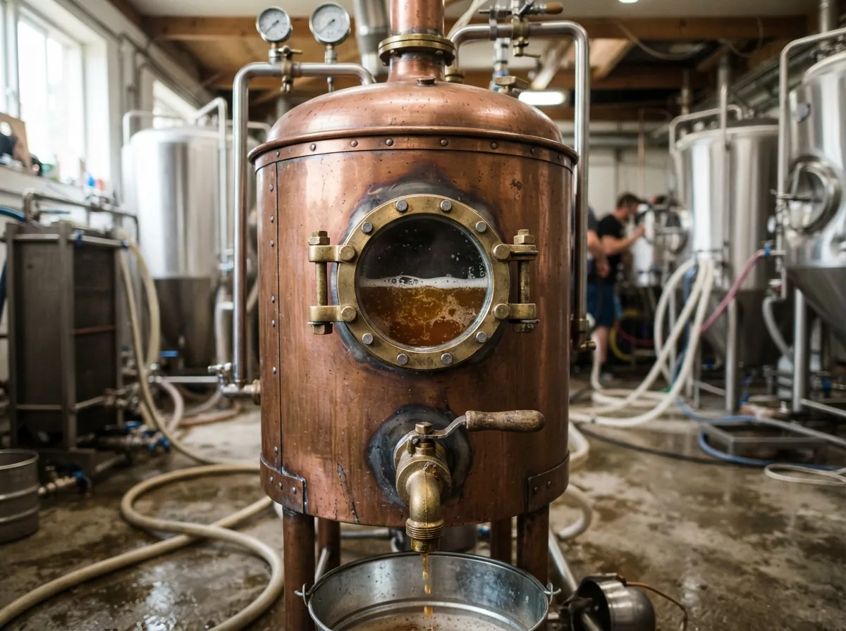 A copper vessel with its round sight glass and brass tap