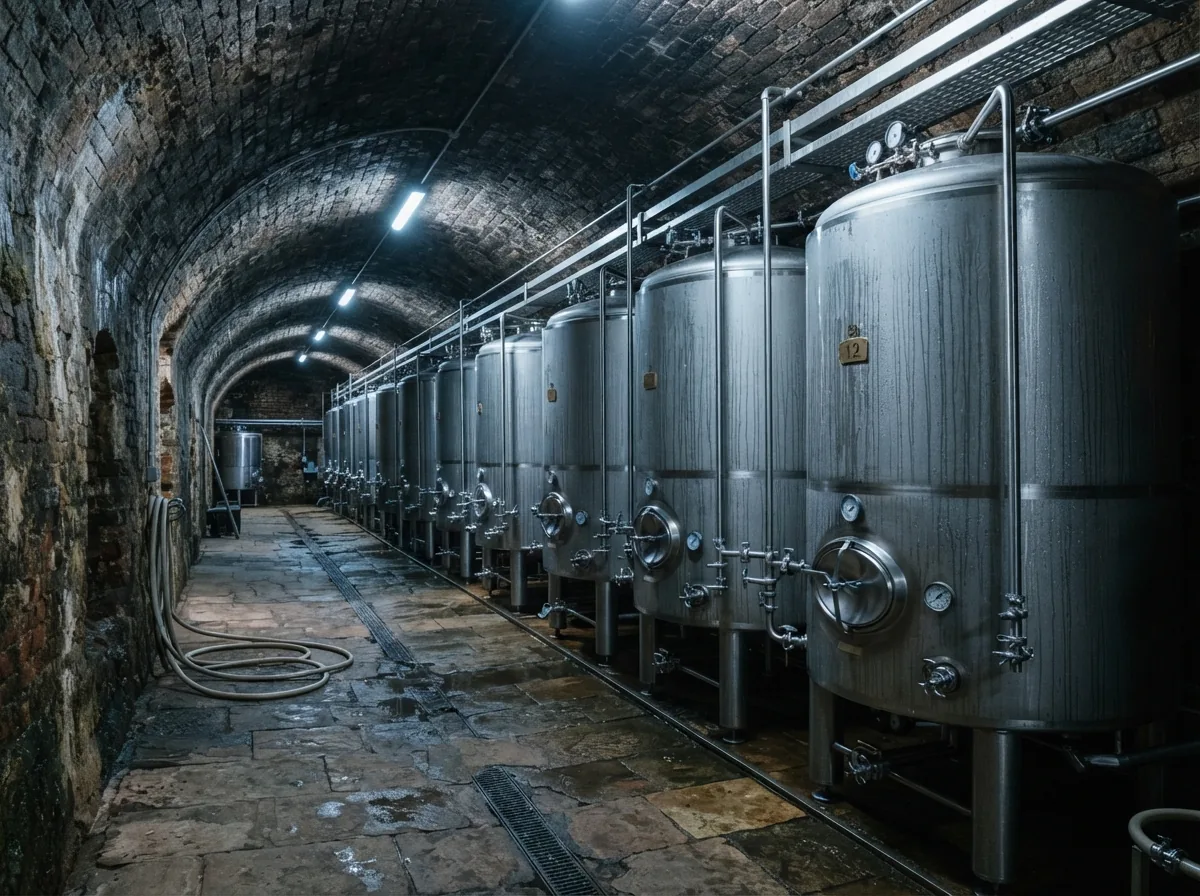 A row of stainless conditioning tanks in the cool vaulted cellar