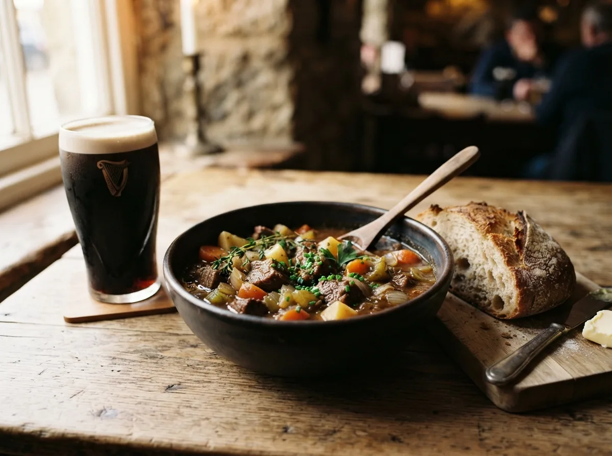 A plate of beef and stout stew with bread beside a pint of dark beer