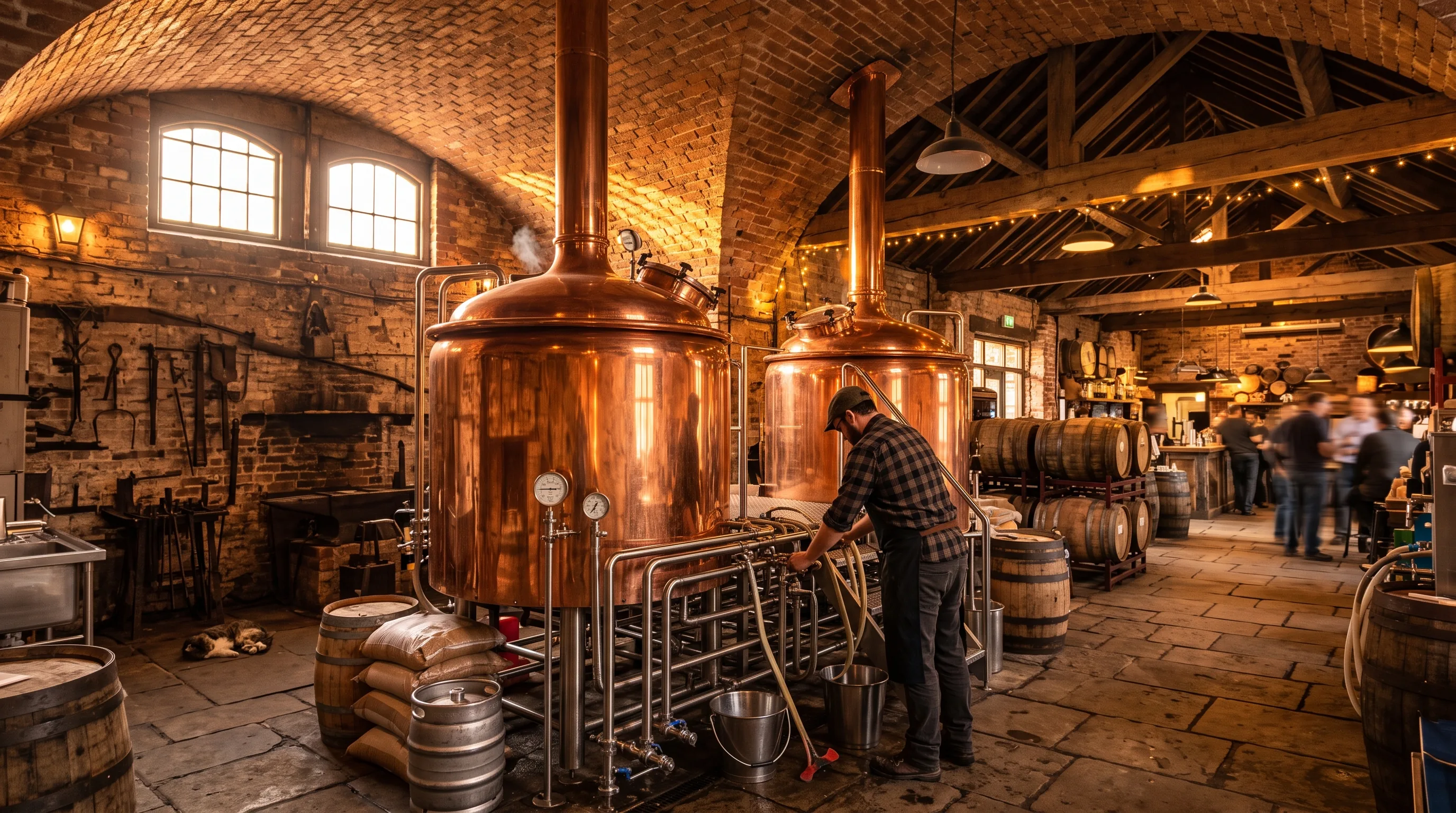 Copper brewing vessels under the vaulted roof of an old forge in the evening