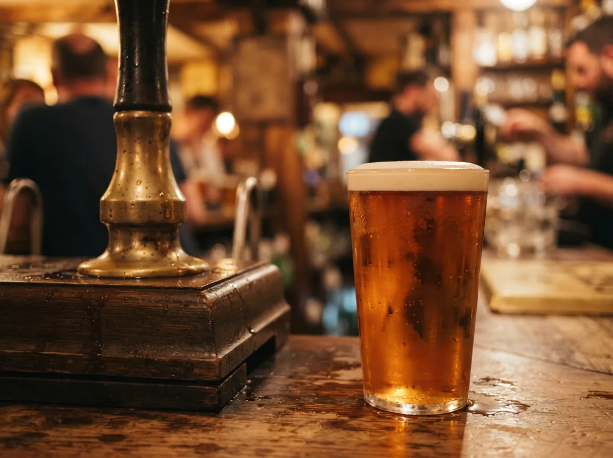 A brass tap and a freshly pulled pint with a thick head