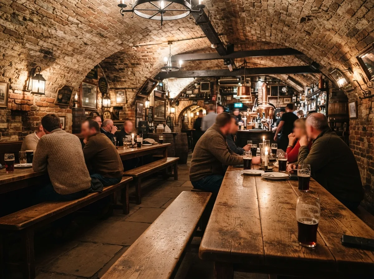 The vaulted taproom with long wooden tables and benches