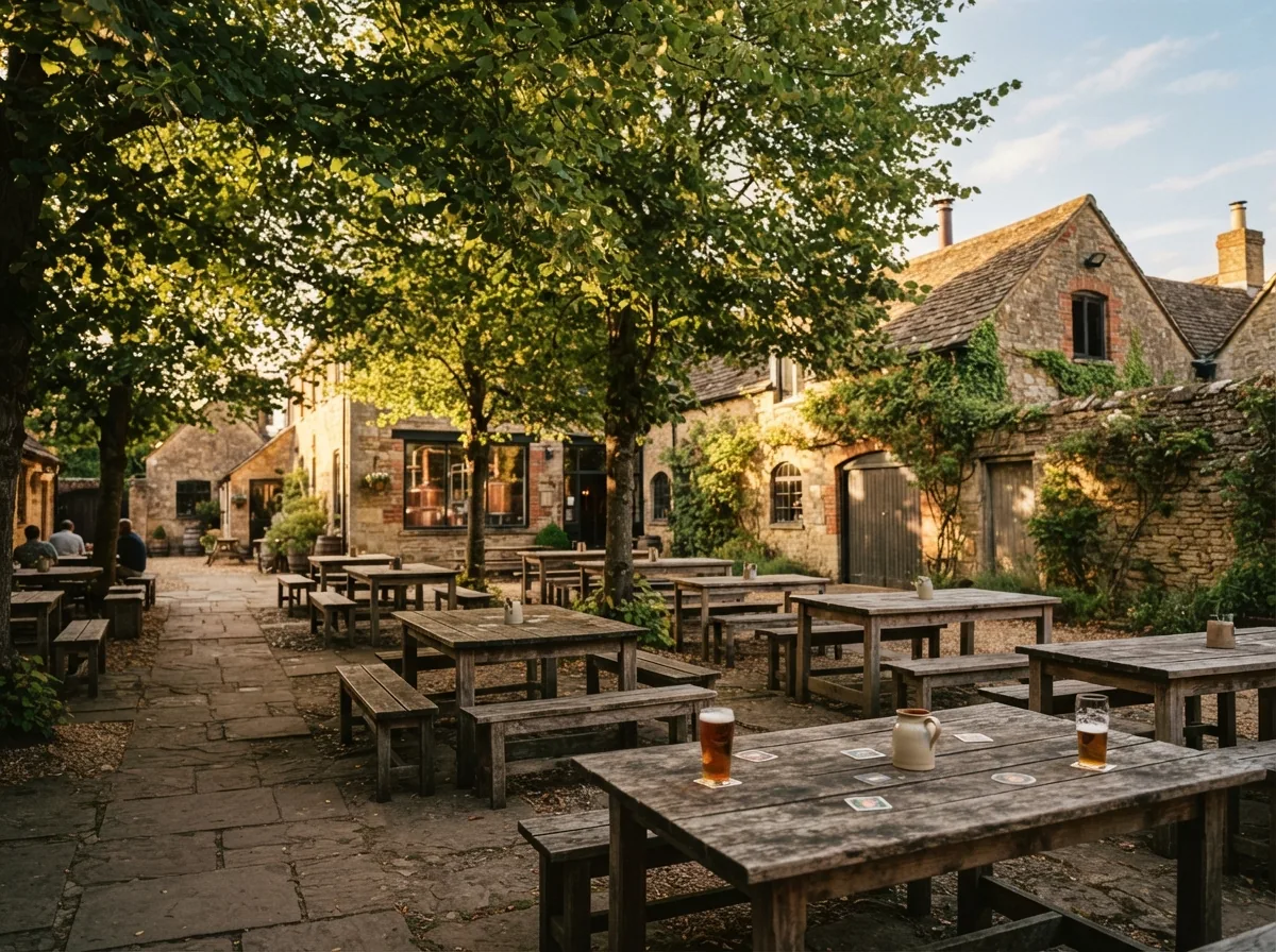 The brewery yard with wooden tables in the shade of the lime trees