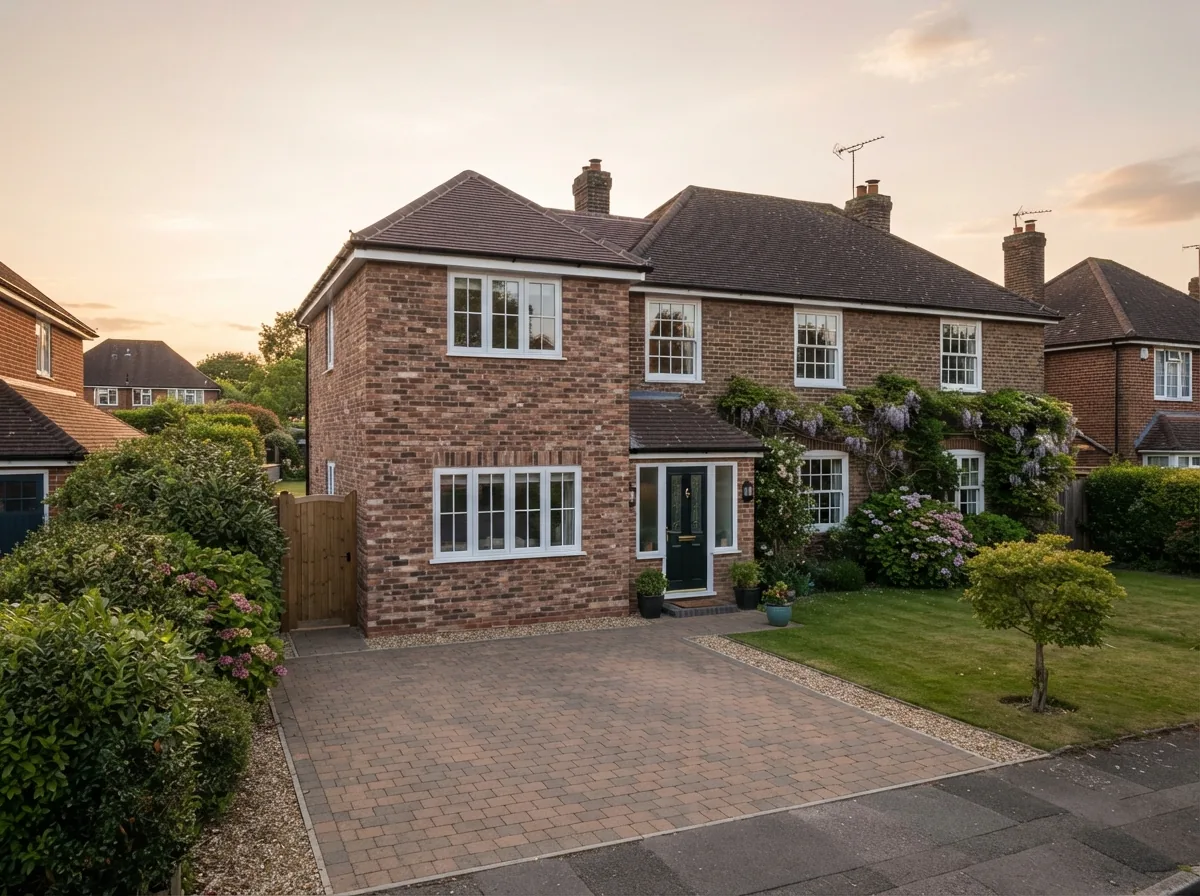 A completed two-storey side extension with brickwork matched to the original house