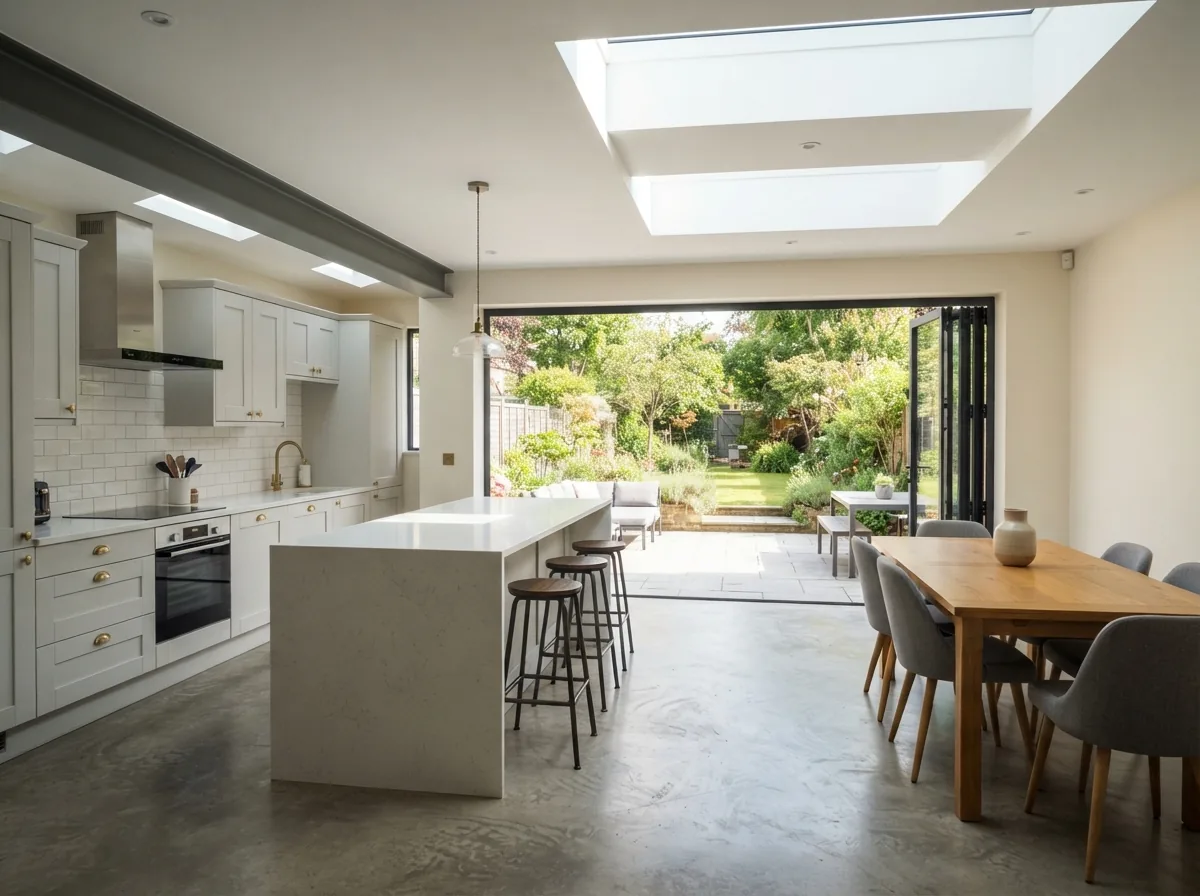 A completed open-plan kitchen extension with bifold doors and rooflights